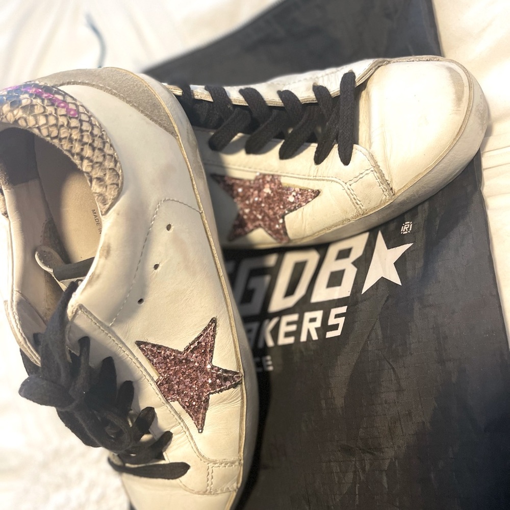 Golden Goose White and Pink Star Sneakers